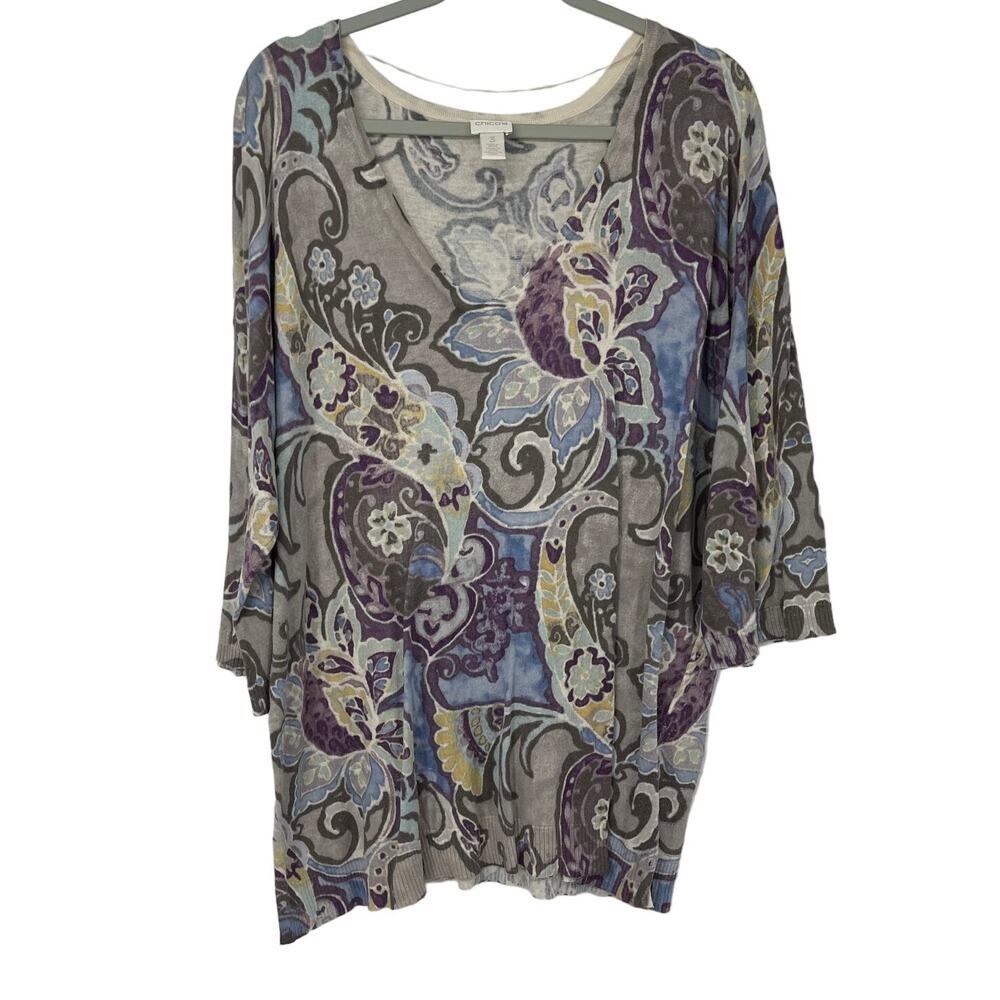 CHICO’S Tan Blue Purple Floral Print Sweater Top Size 16/18